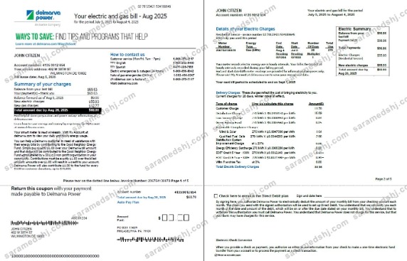 USA Delmarva Power utility bill template in Word and PDF formats, 5 pages, 1-2 pages
